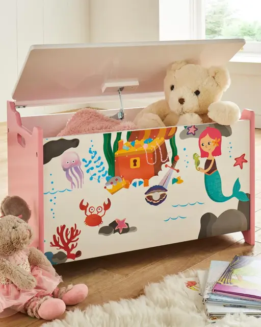 Kids Storage Hinged Wooden Toy Box Mermaid Pink Playroom Bedroom Tidy