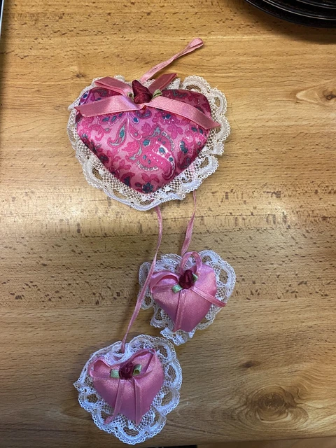 Vintage Fabric Puffed Satin Lace Dangle Pink Tones Hearts Christmas Ornament 10"