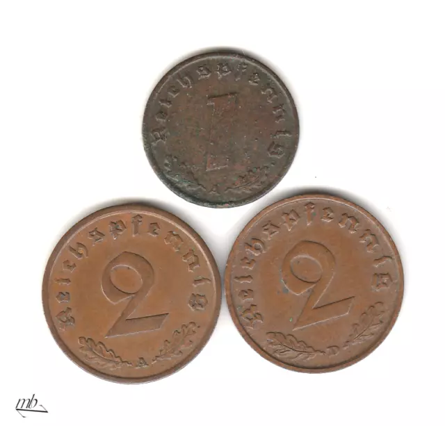 Drittes Reich 1 Reichspfennig 1936 A, 2 Reichspfennig 1936 A,D  915