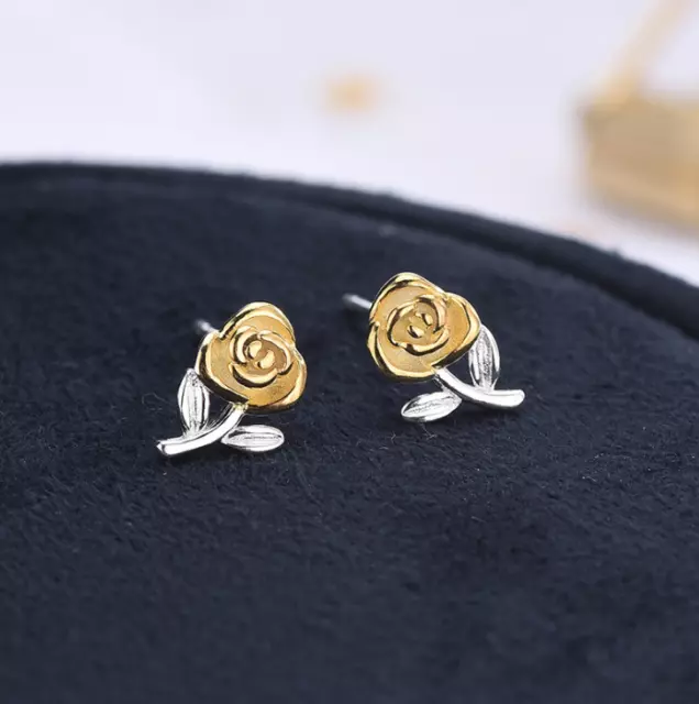 Two Tone Yellow Gold Over Sterling Silver Rose Flower Stud Earrings 6x10mm PE36