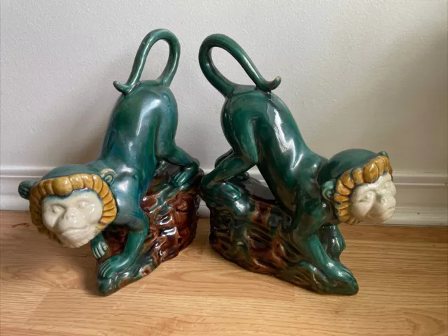 Pair of Vintage Majolica Green Crackle Glaze Capuchin Monkey Rock Statues