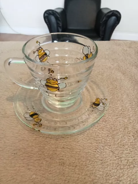 Vintage Duralex Glass Cup & Saucer Bumblebee France Rare