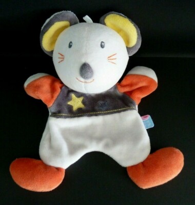 Doudou ESPRIT DOUDOU SOURIS PLAT GRIS ORANGE ROUGE ROBE IMPRIME COEUR JAUNE  ETAT NEUF 