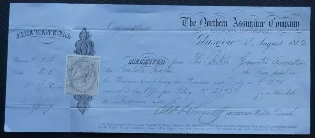 Northern Assurance Co. Fire Renewal receipt dated 1862 with Revenue stamp