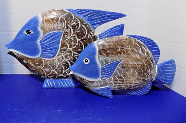 NEW Wood Carved Fish Statue Figurine Coastal Nautical Indonesia