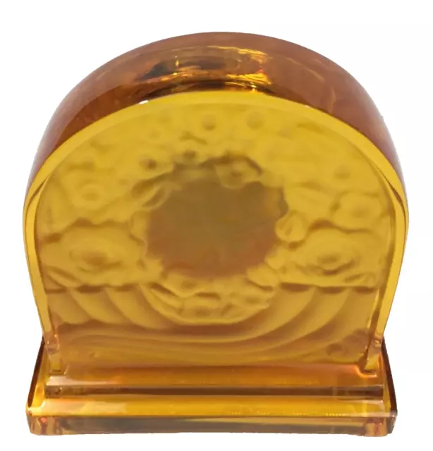 BACCARAT Solid Crystal 3" Desk CLOCK Amber Sculpted Basket of Abundance Genuine! 2