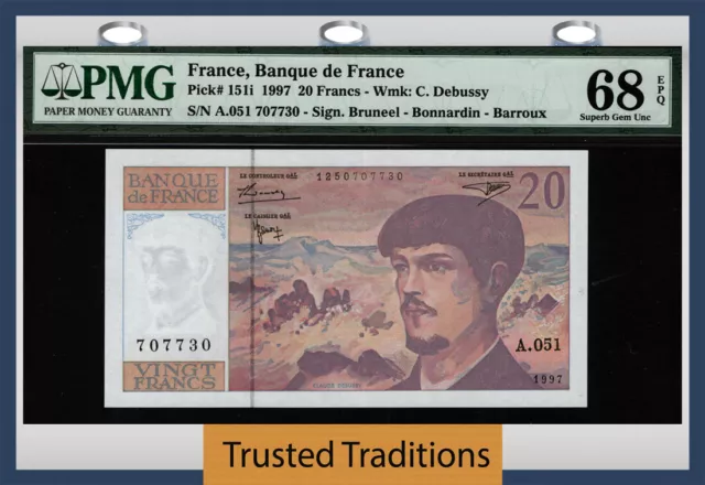 TT PK 151i 1997 FRANCE 20 FRANCS PMG 68 EPQ SUPERB GEM UNCIRCULATED NONE FINER!