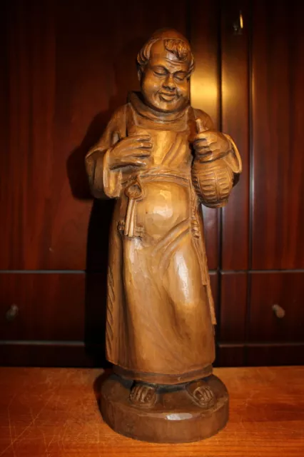19Th 18" Wood Hand Carved  Monk Friar Abbot Wine Bottle Figure Statue Sculpture