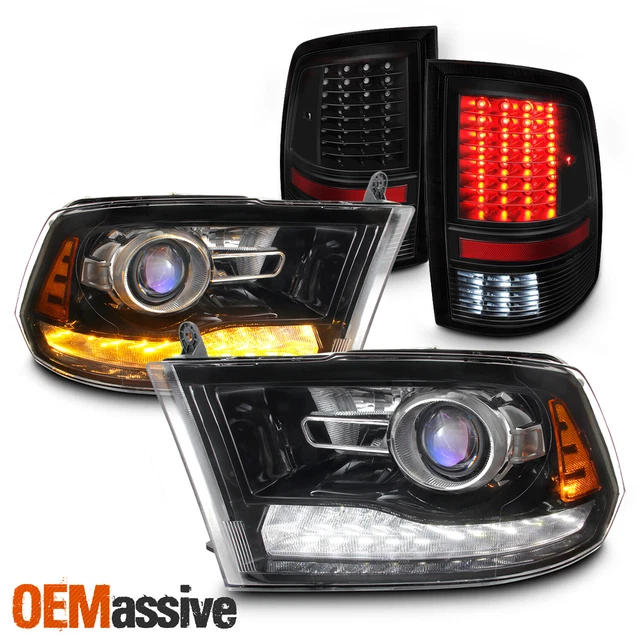 Fit 09-18 Dodge Ram Black LED DRL Projector Headlight + Black Taillights Set