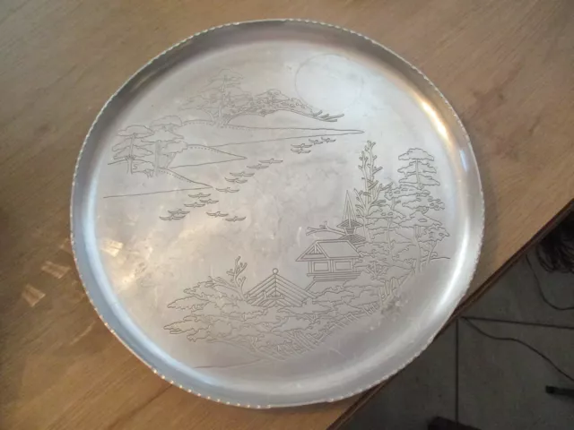 Vintage Aluminum Round tray with Asian Scene