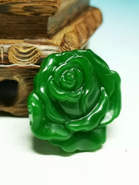 .Superb Chinese Natural A Spinach Green Jade Hand Carved Rose Pendant e10