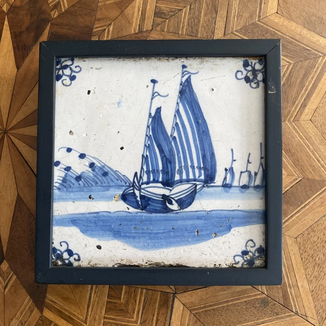 Dutch Delft Blue Tile Sailboat Boat Ships 18th Century Framed