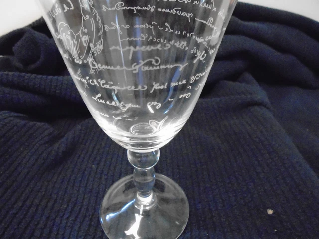 2 Two Rooster Etched Water Goblet Glass French Writing Clear 7 1/2" Tall Poultry 3
