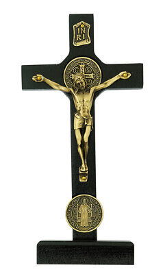 Black Stain Gold Tone St Benedict Medal Standing Crucifix For Home Decor, 8 In