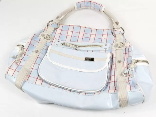 GGL George Gina Lucy Multi Pocket Bag Tote Bag Purse Womans White Blue Plaid