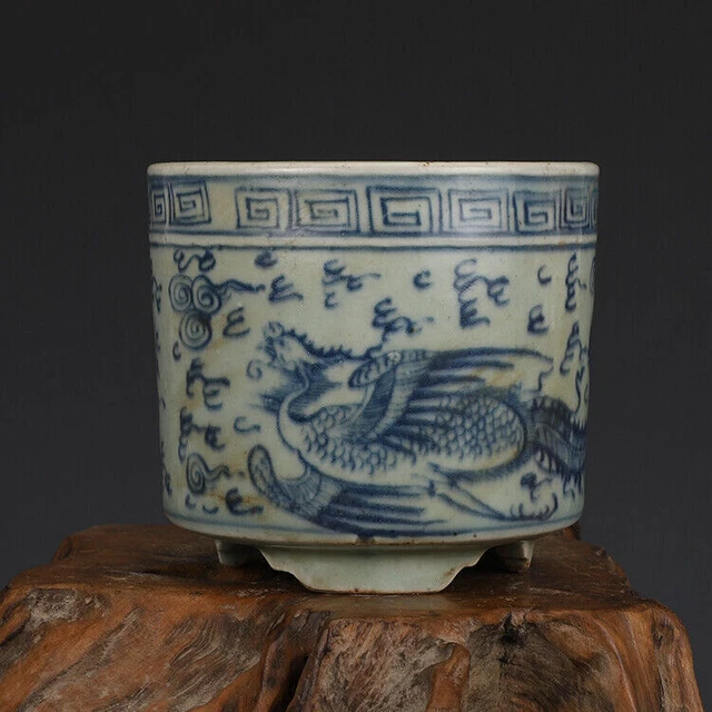 Chinese Ming Blue And White Porcelain Censer Dragon Phoenix Incense Burner 3.94"