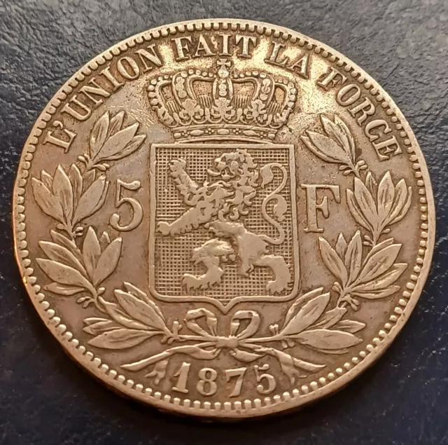 Monnaie Belgique 5 Francs 1875 Léopold  II Argent Union Fait La Force