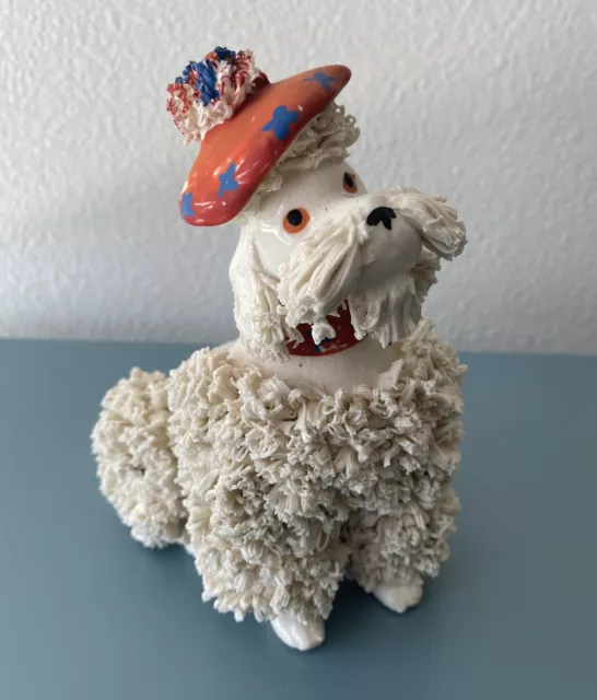 Vtg Spaghetti White Poodle Red Tam Beret Scottish Dog Figurine 5.5”