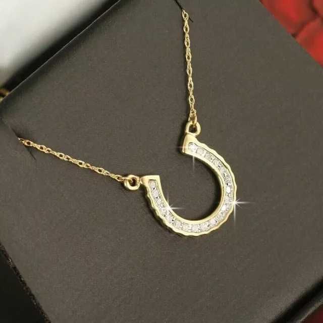 Real 14k Yellow Gold Lucky Horse Shoe Genuine Diamond Womens Pendant Necklace 3