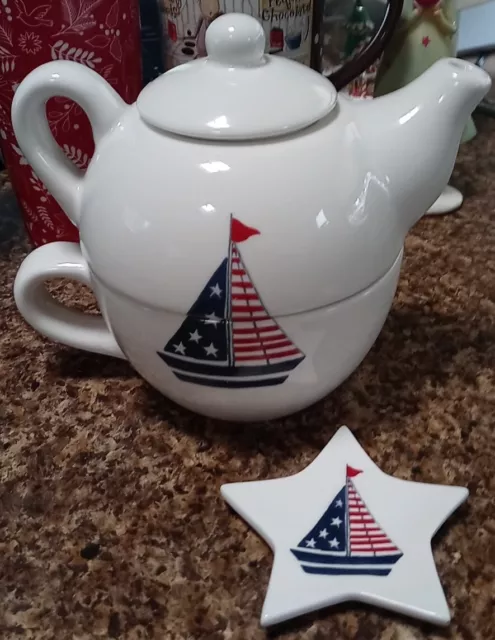 Nantucket Collector's Teapot Stoneware Red White & Blue Sailboat w/Tea Bag Caddy