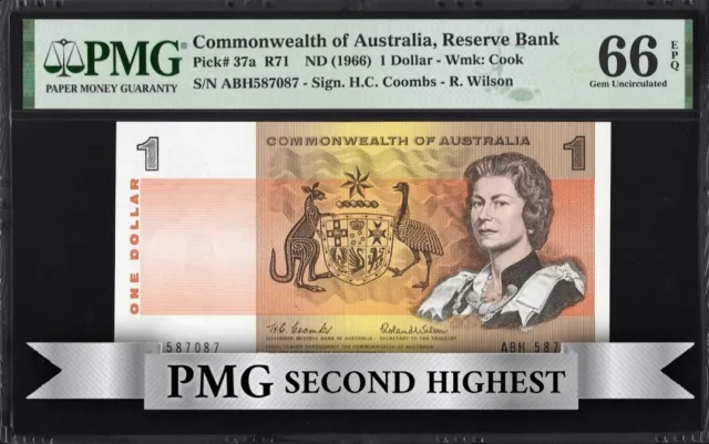 Australia 1 Dollar 37a R71 1966 Coombs Wilson PMG66 GEM EPQ Banknote 2ND HIGHEST