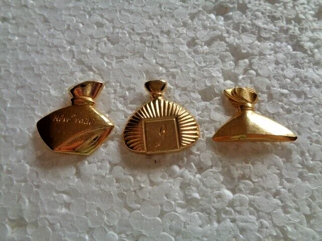 Job lot of 3 perfume bottle shaped gold coloured Metal metal lapel pins
