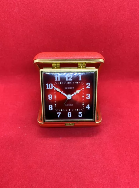 Old Vintage Small Red EUROPA German Travel Alarm Clock