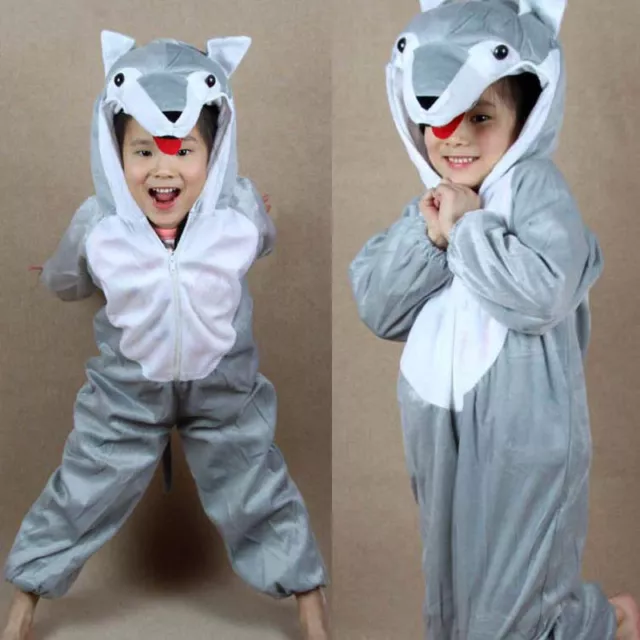Unisex Children Kids Animal Gray Wolf Costume Hooded Jumpsuit for Girls Boys