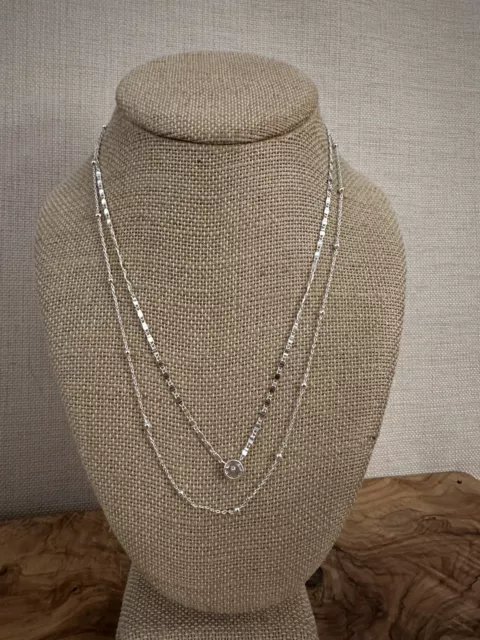 18” Silver Tone Double Chain Layered Necklace Small Round Crystal Pendant