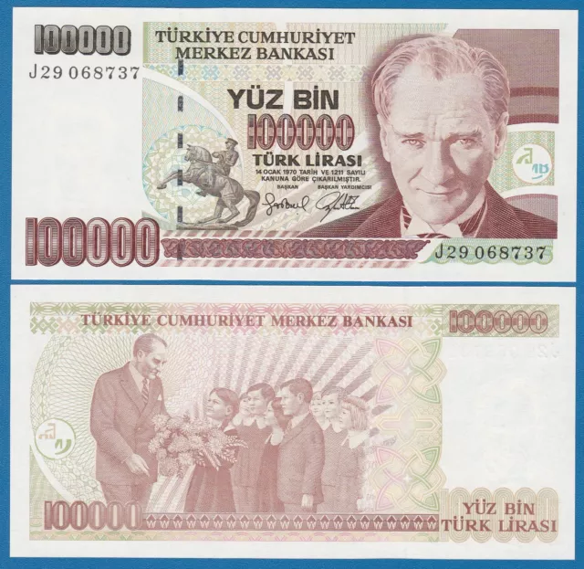 Turkey 100,000 Lira P 206 UNC L.1970 ( ND 1997 )  100000