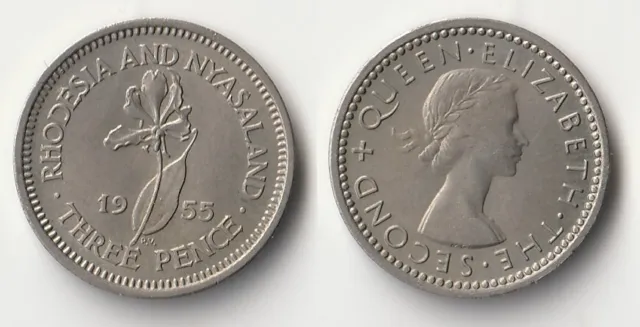 1955 Rhodesia and Nyasaland 3 pence threepence coin
