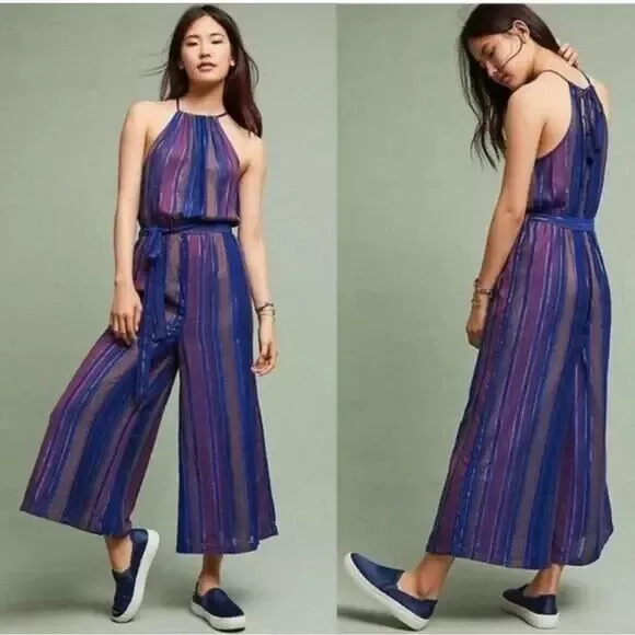 Cleobella Lois Purple Blue Metallic Stripe Wide Leg Boho Jumpsuit Romper Size 6