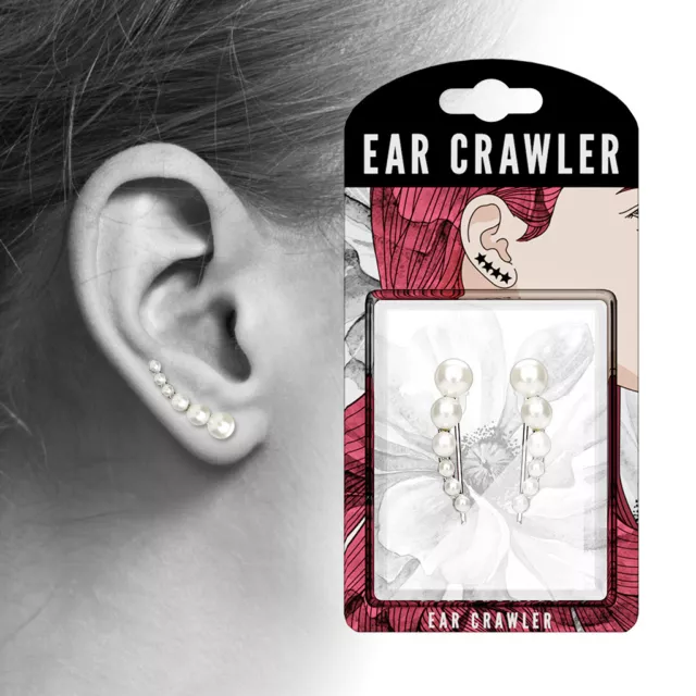 Pair of Lined White Pearls Ear Crawler Climber Earrings