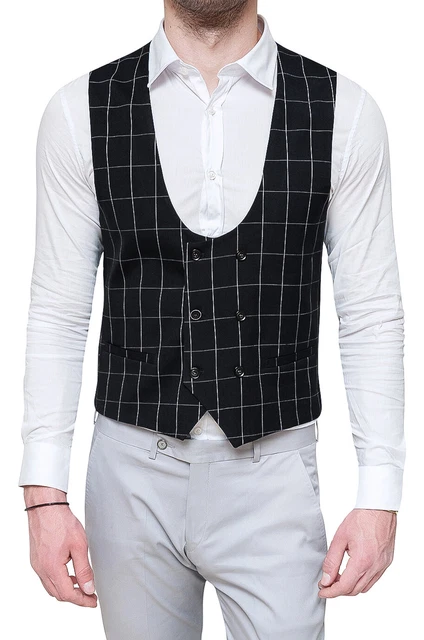 Gilet Panciotto Uomo Sartoriale Nero Quadri Doppio Petto Elegante Cerimonia