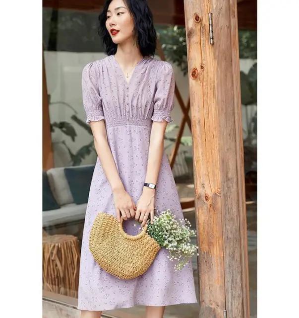 Womens Floral Printed Mulberry Silk V-neck Retro Long Elegant Dress Short Sleeve
