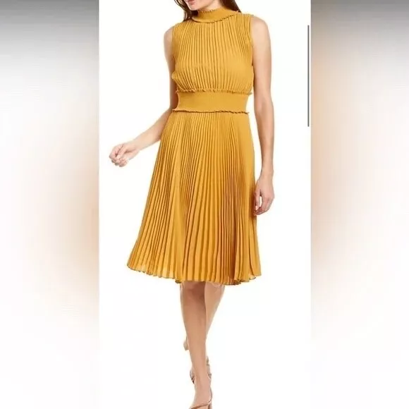 NWT NANETTE LEPORE Pleated High Neck Mustard Party Cocktail Midi Dress Size 14