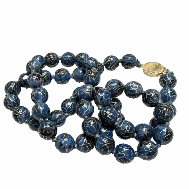 Vintage Chinese Enamel Cloisonne Bead Necklace Blue Black Gold Gold Clasp