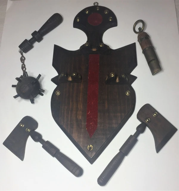 Vintage Medieval Knight Wall Plaque Wood Arms Shield Double Axe Axes Mace Decor