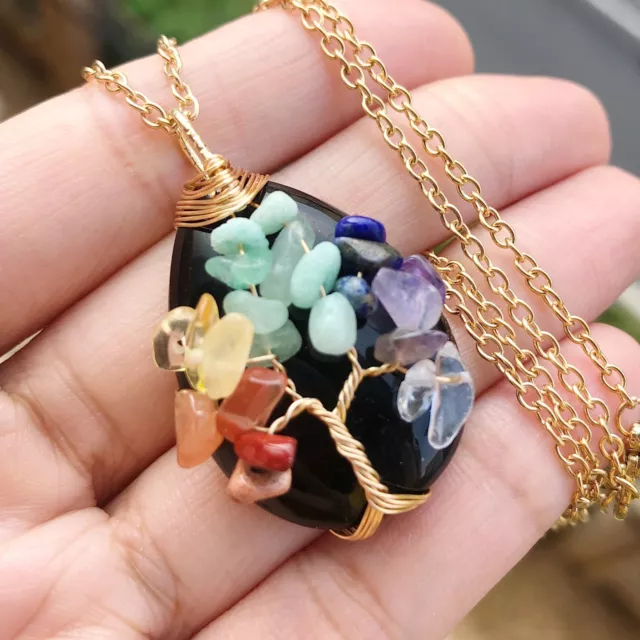Black Onyx Gem Stone Tree Of Life WaterDrop Necklace Chakra Reiki Healing Amulet