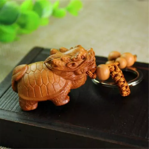 Chinese Dragon Turtle Statue Wood 3D Carving Wealth Sculpture Pendant Key Chain