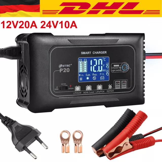 Batterie Ladegerät 12V-20A 24V-10A Lithium LiFePO4 AGM GEL SLA Impuls Reparatur