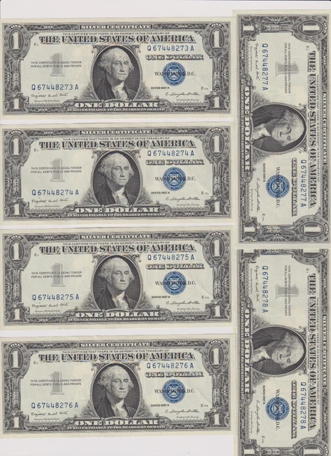 Consecutive 1957A One Dollar Blue Seal Note Silver Certificate Bill $1  CRSP/UNC