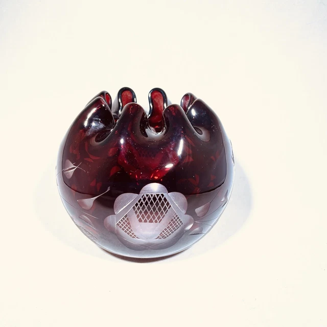Vintage Cut To Clear,Ruby Red, Pinched Crystal Bowl Bohemian Czech Glass