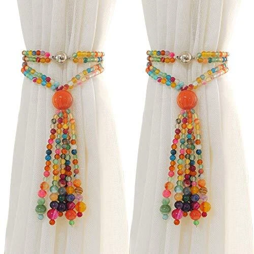 Magnetic Curtain Tiebacks, 2 Pack Colorful Agate Tassel Curtain Drapery