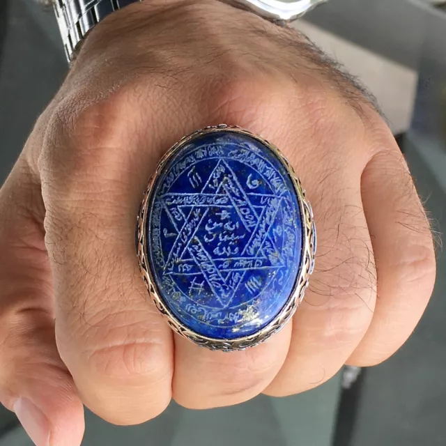 Huge King Solomon Ring Handengraved Lapis Lazuli Unique Talisman Sterling Silver