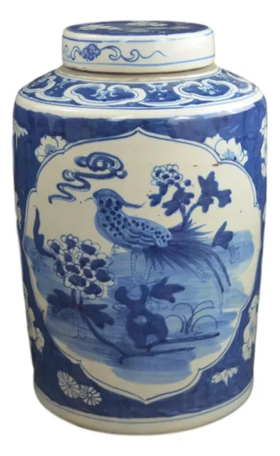 15" Antique Finish Blue and White Porcelain Bird and Flowers Ceramic Covered ...