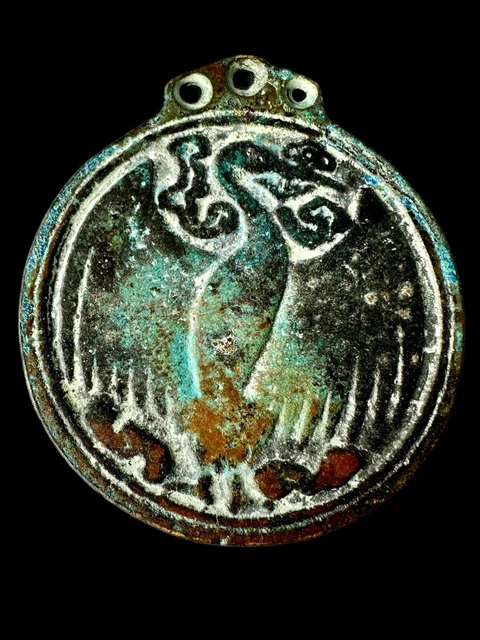 Ming Dynasty Bronze Badge Medal Token Amulet Oxidised Patination Phoenix Storks