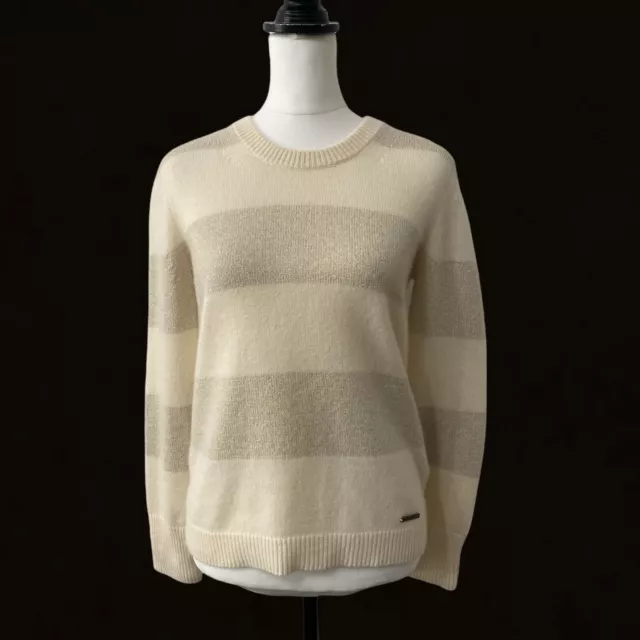 Burberry Brit Womens Cream Metalic Striped Knit Jumper Sweater Sz S P Cashmere