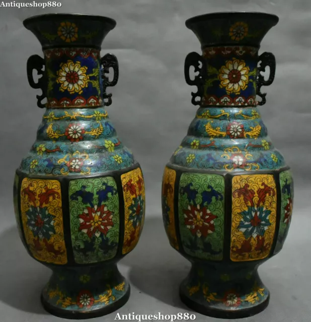 14" Old Cloisonne Enamel Purple Bronze Dynasty Flower Bottle Vase Statue Pair