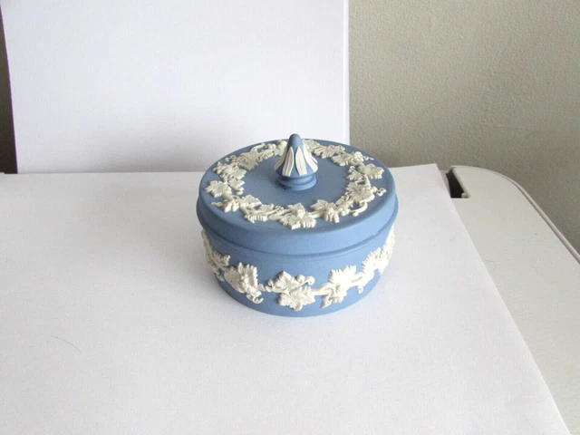Vintage Wedgwood Blue and White Jasper Ware Circular Trinket Lidded Pot Dish